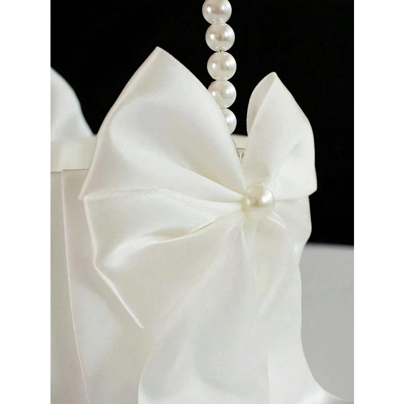 1PC Bow Faux Pearl Wedding Flower Basket - White Bow Flower Basket, Satin Flower Basket, Suitable For Wedding Party Decoration