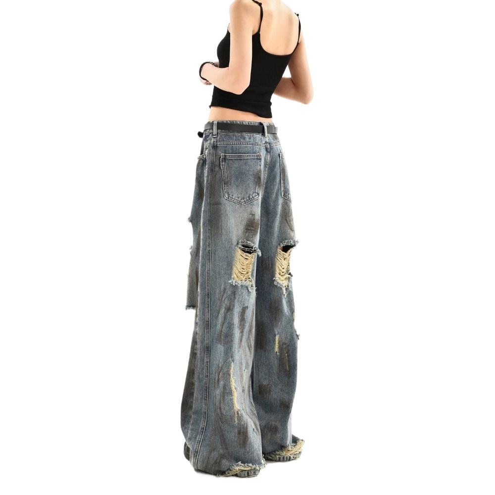 Women's Tie-Dye Cyberpunk Distressed Jeans - Vintage Washed Loose Straight Wide-Leg Pants for Summer Retro Dropped Drape Trousers