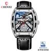Mens Automatic Mechanical Watch Wine Barrel Skeleton Genuine Leather Waterproof 30M Luminous Casual Style