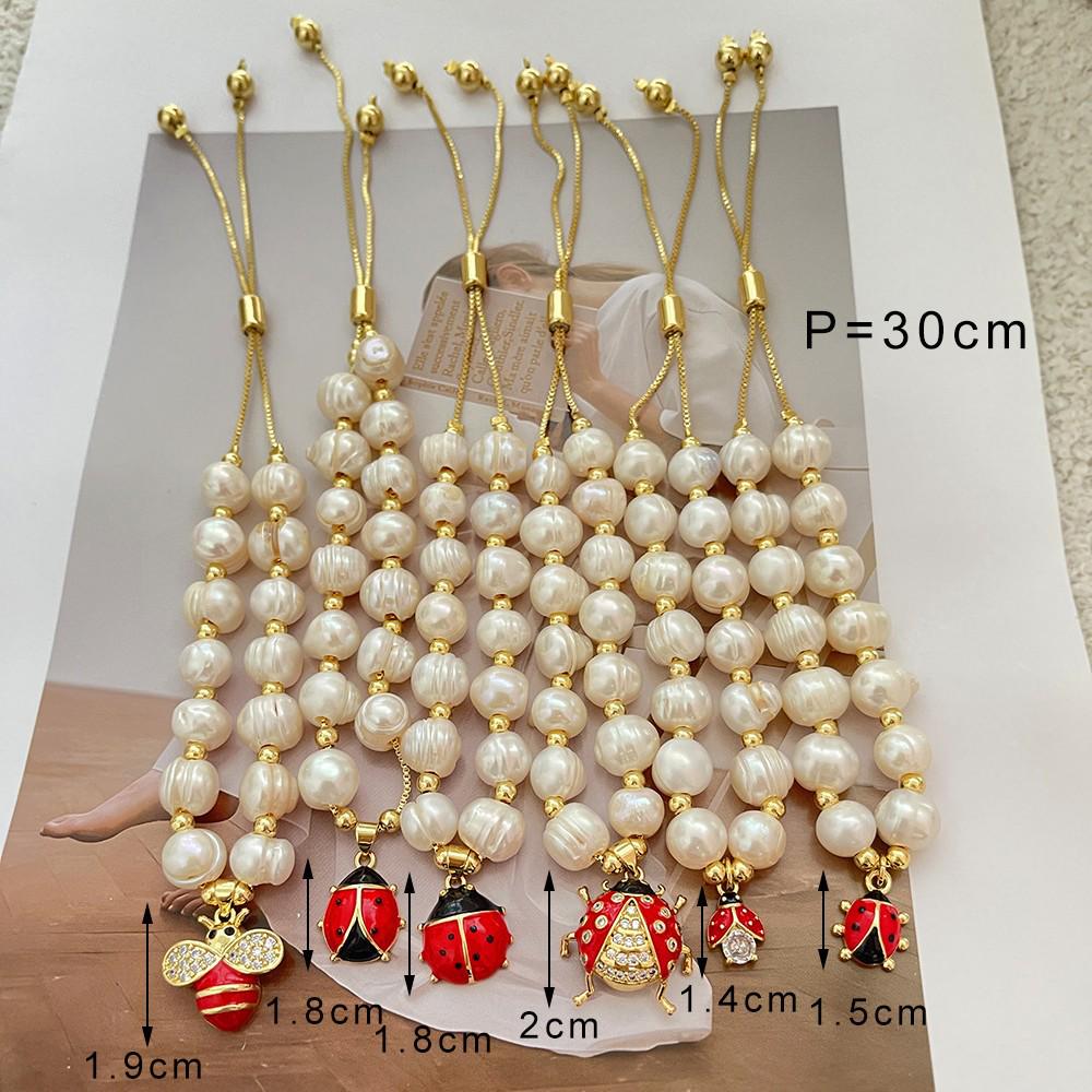 Christmas Ladybug and Bee Handmade Bracelet with Zirconium and Freshwater Pearls