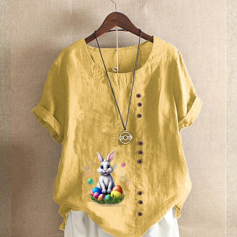 Damenmode T-Shirt mit Rundhalsausschnitt und Kaninchen-Print, kurzärmelig, lässig, Baumwolle, Leinen, Grafik, Freizeit, lockere Sommerbluse