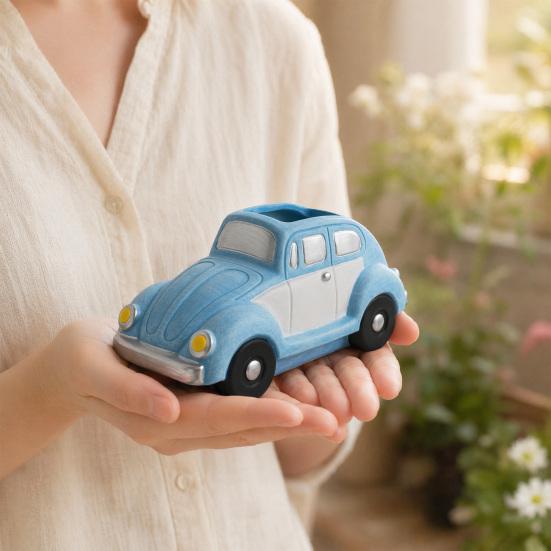 Retro brouk Auto Sukulentní Květináč, Velkokapacitní Květináč ve Tvaru Auta se Stárkovanou Glazurou Modrobílý Povrch, Kreativní Dekorace na Stůl pro Terasu Balkon