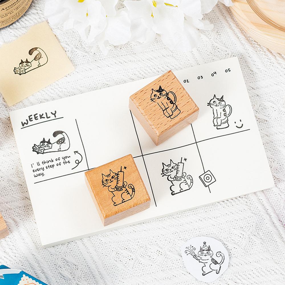 Wooden Rubber Stamps Animals Cat Patterns Stamps Set For DIY Craft Card Scrapbooking Supplies Photo Album Diary Decor