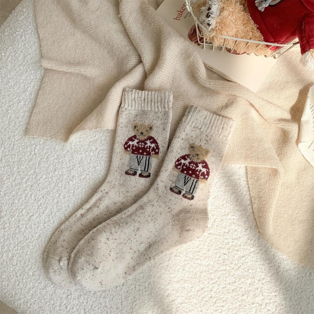 Thick Wool Mid-calf Socks for Autumn and Winter, Retro Dot Yarn, Fluffy Little Bear Long Socks, Warm and Cute Cartoon Trendy Socks