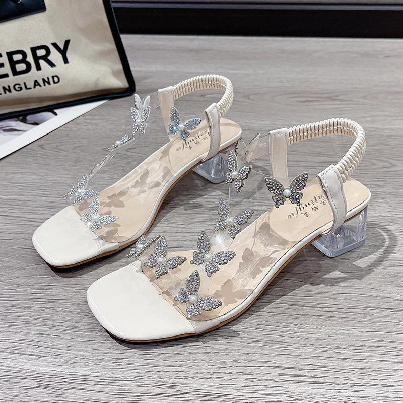 Women wear 2025 new thick heel sandals Internet celebrity transparent crystal rhinestone fashion bow fashion high heel sandals