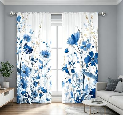 2PCS Digital Printed Curtains, Ocean Blue Flowers Pattern, Artistic Pattern Window Drapes for Living Room Bedroom Decor