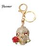 Gothic Skull Keychain Holding Rose Rhinestone for Halloween, Skeleton Bling Head Key Ring, Chain Accessory Handbags Backpacks