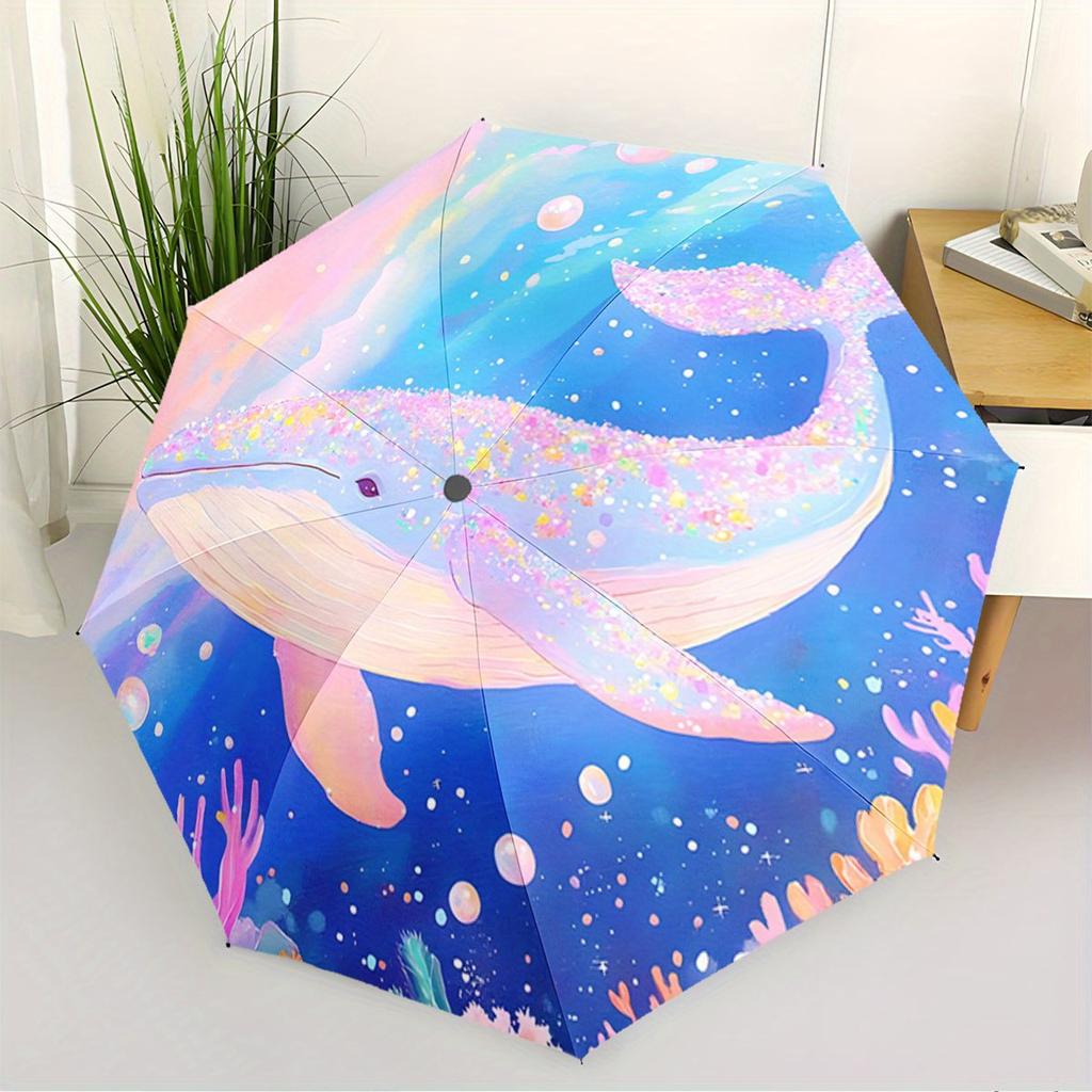 Folding Umbrella The Umbrella Features a Vibrant, Underwater Scene with a Large, Colorful Whale Adorned with Sparkling Pattern