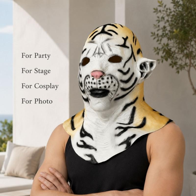 Vollkopf-Latex-Kostümmaske mit gestreiftem Tiergesicht, Nackenabdeckung, Augenöffnungen und offenem Mund für Mottoparty-Outfits und Fotoautomaten