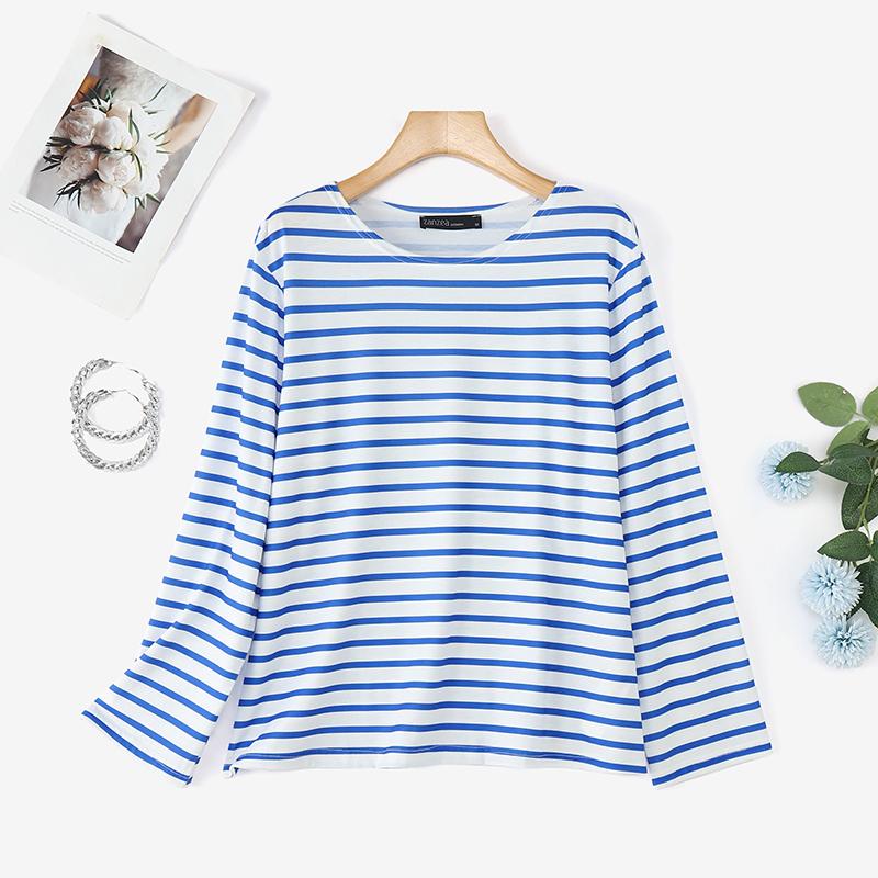 

ZANZEA Женская повседневная блузка в полоску с круглым вырезом и длинным рукавом 2XL синий