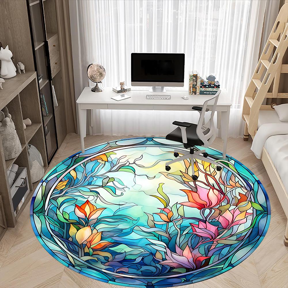 1pc Floral Stained Glass Office Round Area Rug, Under Office Chairs Bedroom Living Room Home Decor, Room Deco