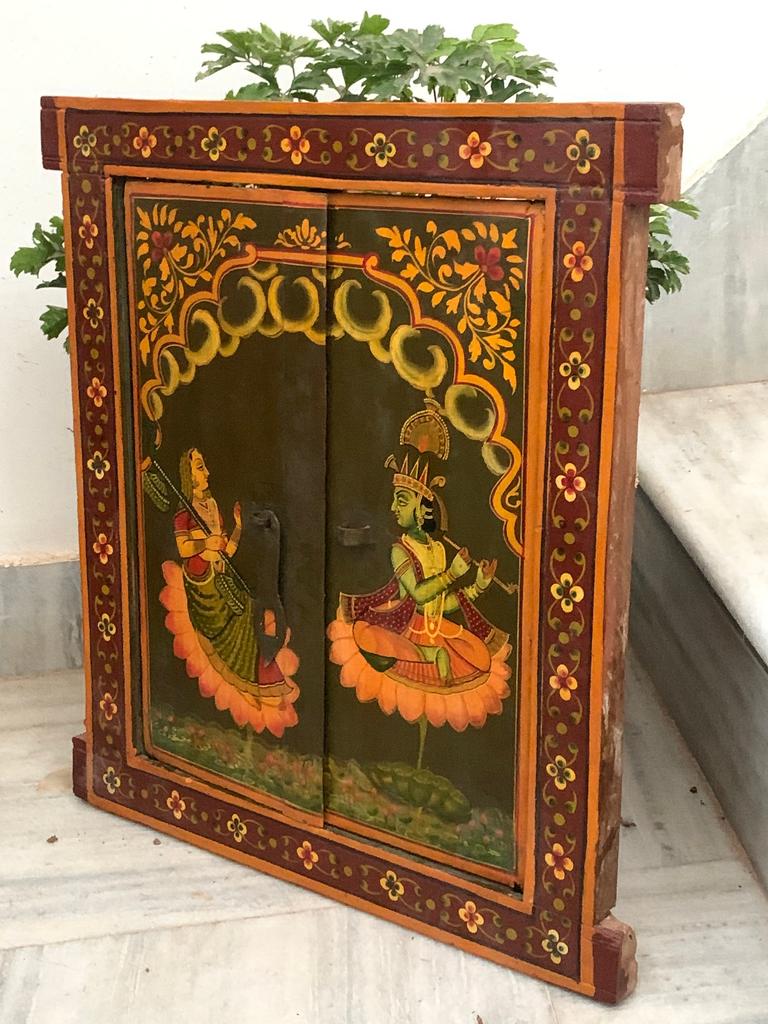 Antique Hand-Painted Krishna Wooden Window Frame: Indian Religious Decor