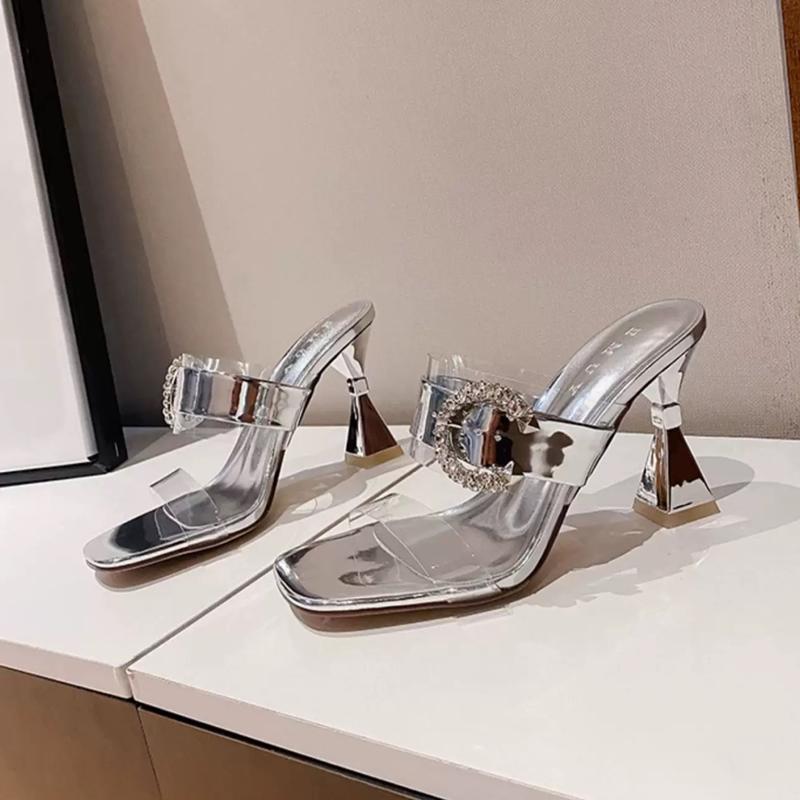 

НОВЫЕ Летние ПВХ Прозрачные Кристальные Пряжки Женские Тапочки Модные Квадратный Носок Прозрачные Каблуки Вечерние Шлепанцы Обувь Zapatos De Mujer 40 серебряный