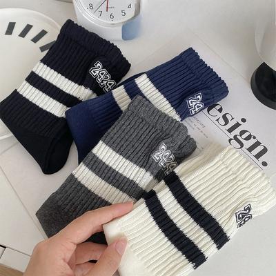 Women's Autumn and Winter Mid-calf School Style Double-bar Striped Digital Long-calf Sports Socks