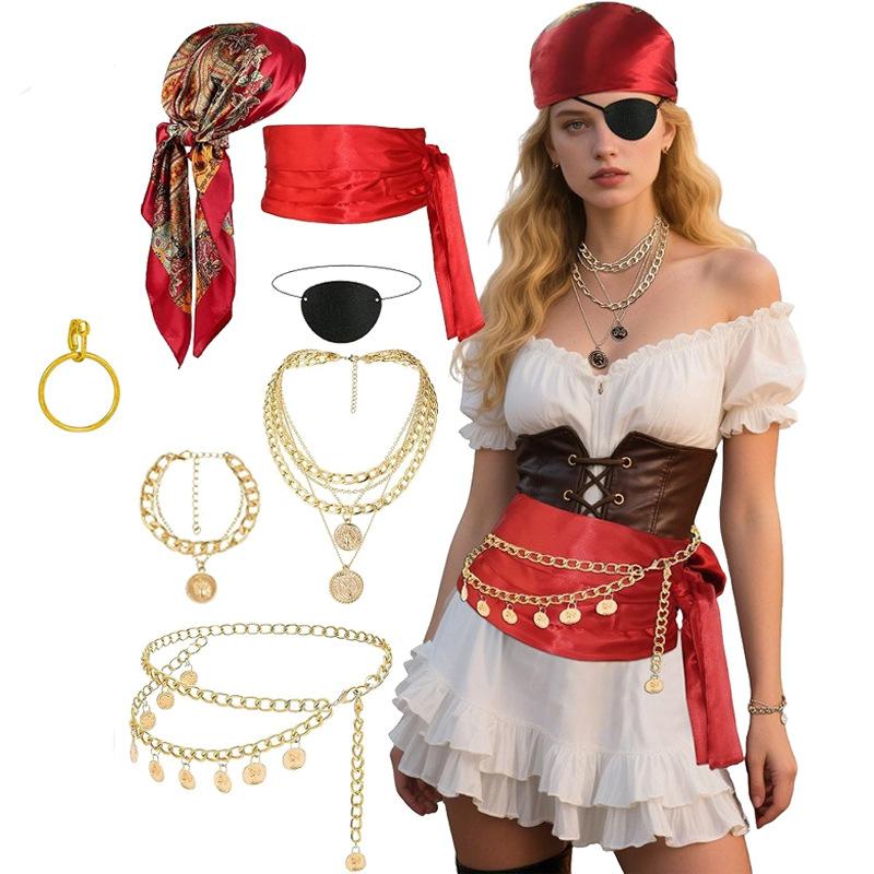 Ball Dress Up Set Cosplay Pirate Dress Up Accessories Headscarf Belt Necklace Bracelet Set Holiday Party Decoration Props