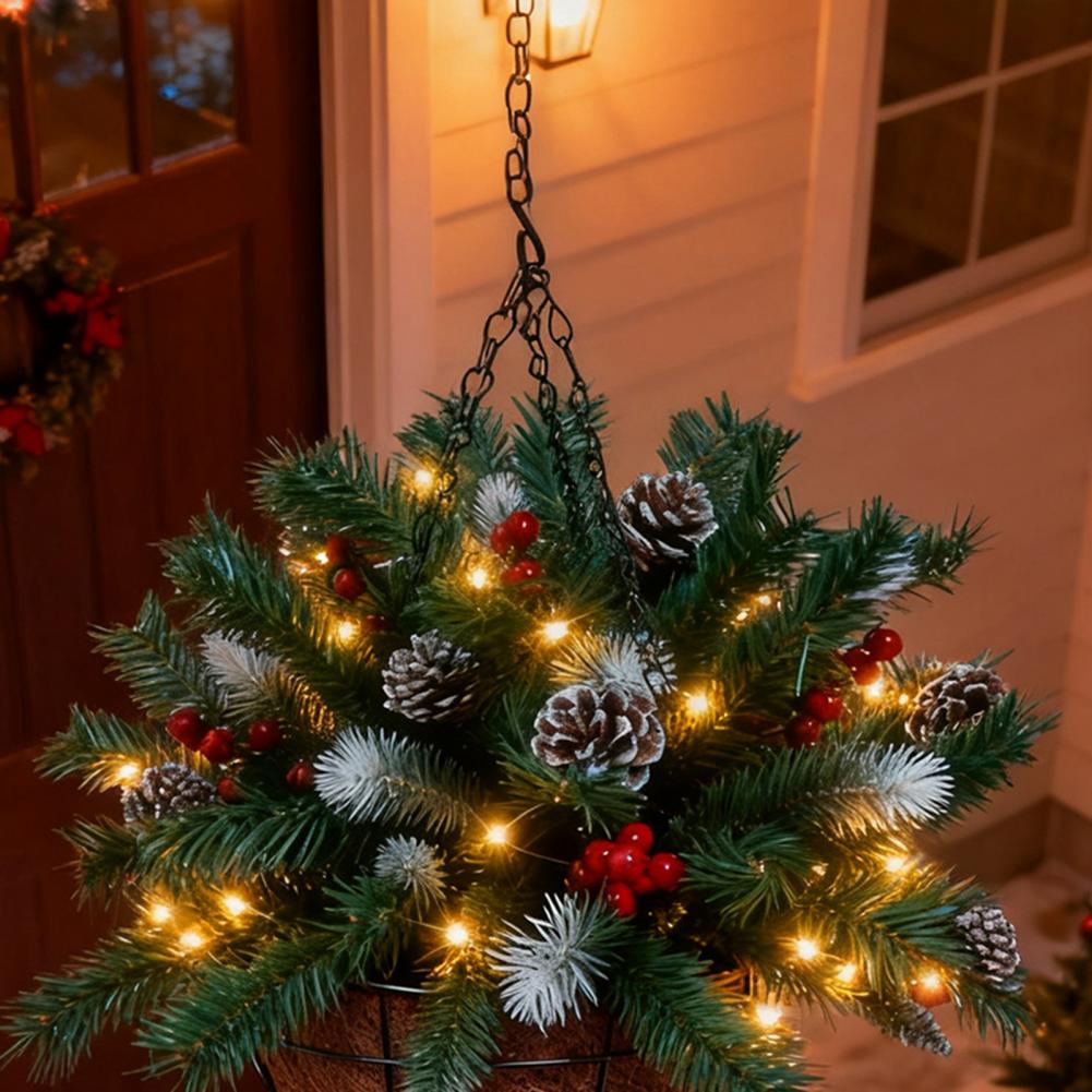60cm Pre-Lit Christmas Hanging Basket Artificial Greenery With Pine Cones Red Berries Planter With LED Light For Outside Porch