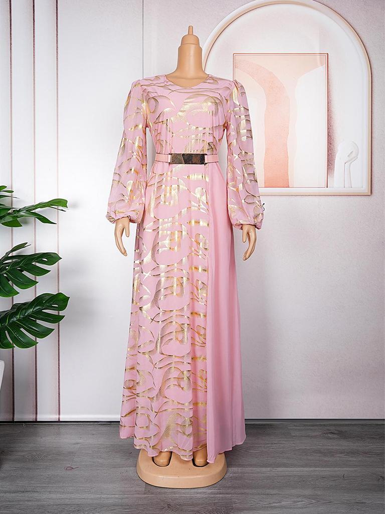 Vestido de Chiffon Color Block para Noite Plus Size com Cinto - Estilo Europeu e Americano