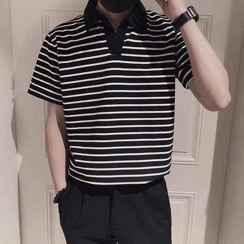 

Полосатая рубашка-поло, мужская красивая футболка с короткими рукавами, летняя тонкая рубашка с лацканами, топ-тренд с половиной рукавов M
