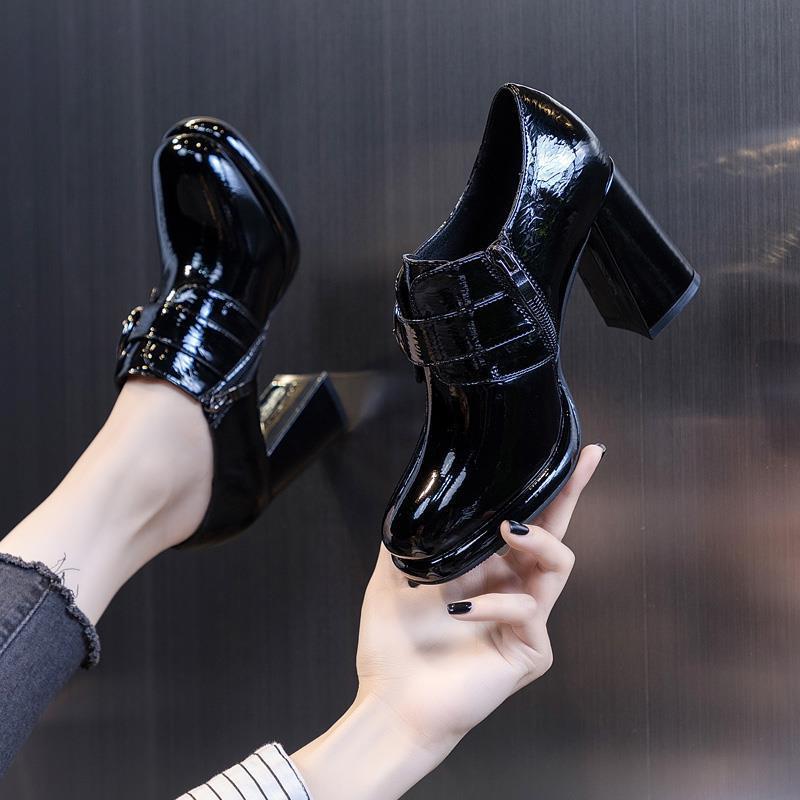 Fashion Block Heel Platform Pumps Women Autumn Shoes 2024 Fall High Heels Shoes Ladies Spring Side Zip Deep Mouth Patent Leather Shoe