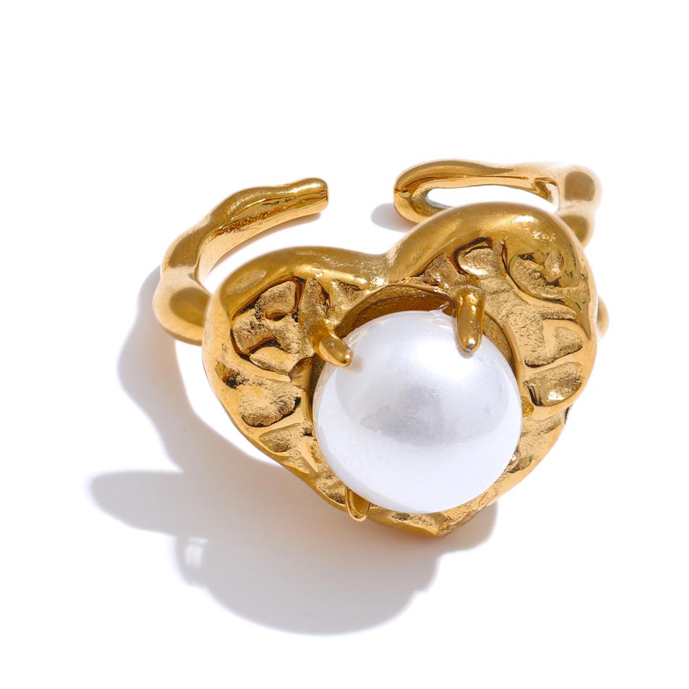 

Yhpup Elegant Fashion Stainless Steel Simulated Pearls Heart Love Golden Open Ring Attractive Romantic Finger Jewelry 7
