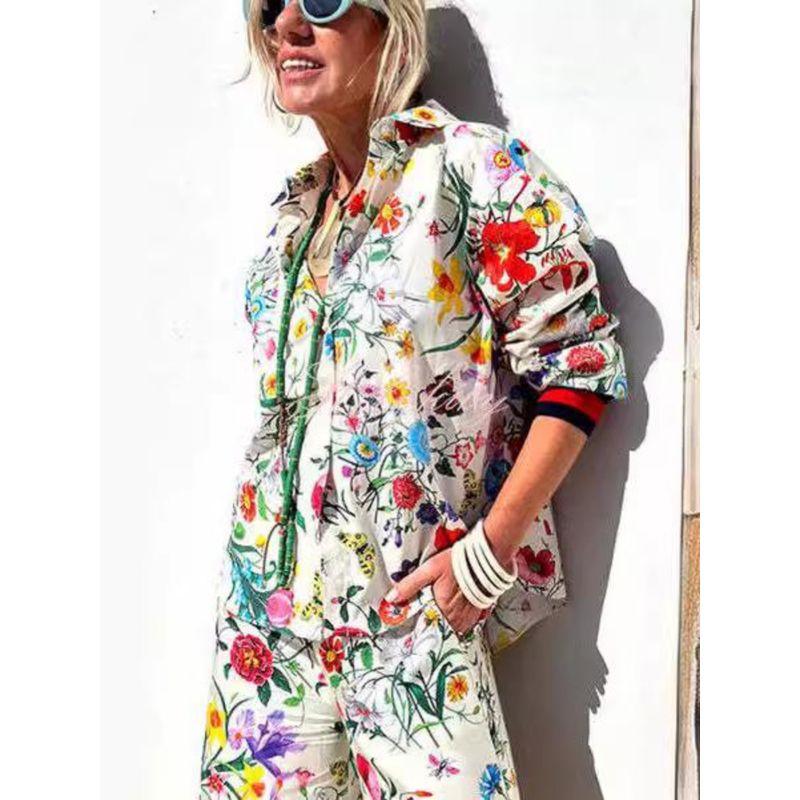 European and American Leisure Trousers Shirts Fashion Top Printed Set, Casual Pants, Shirt,