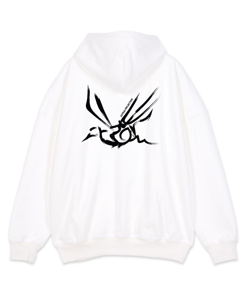 Astral Projection Crows Oversized Wide Shoulder Zip-Up Hoodie_White