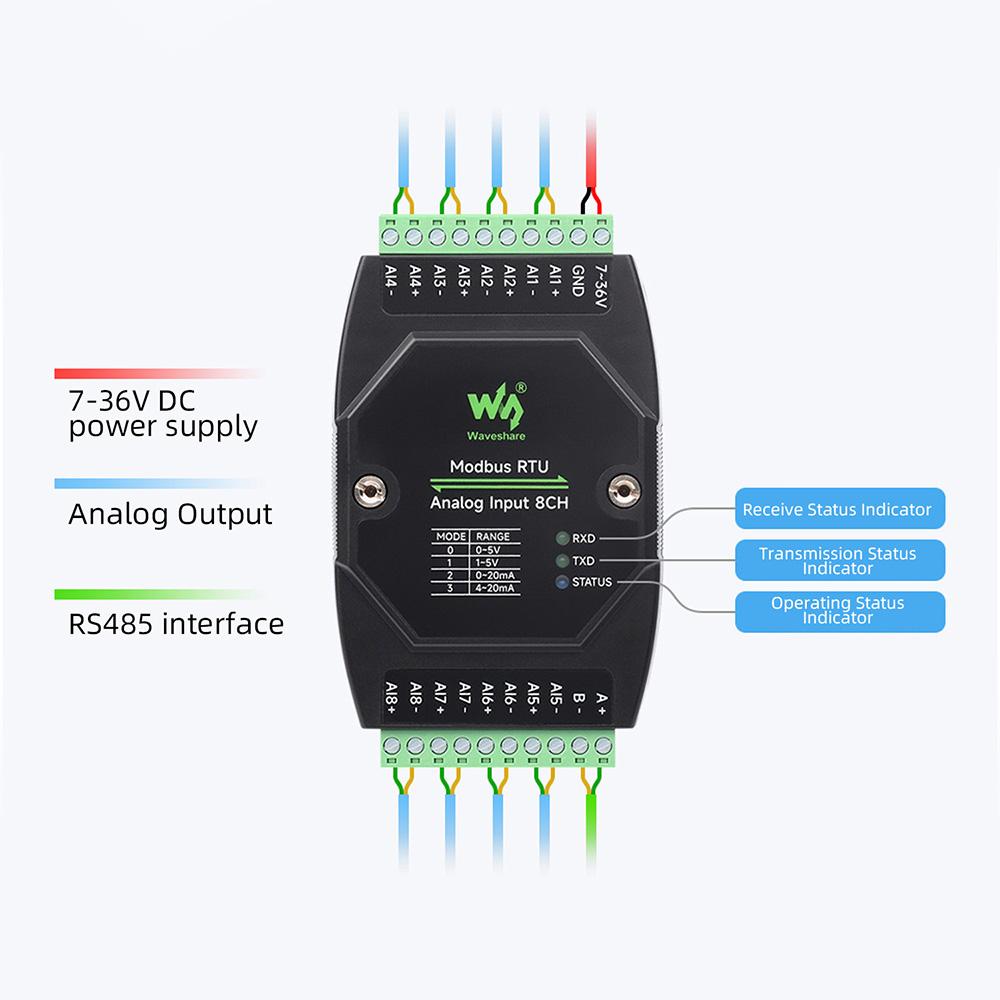 DIN Rail Modbus RTU Analog Input 8CH Analog Acquisition Module 12-bit High-precision Voltage or Current Acquisition