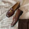 Retro small gold buckle round head lazy one pedal thick heel loafer leather shoes women