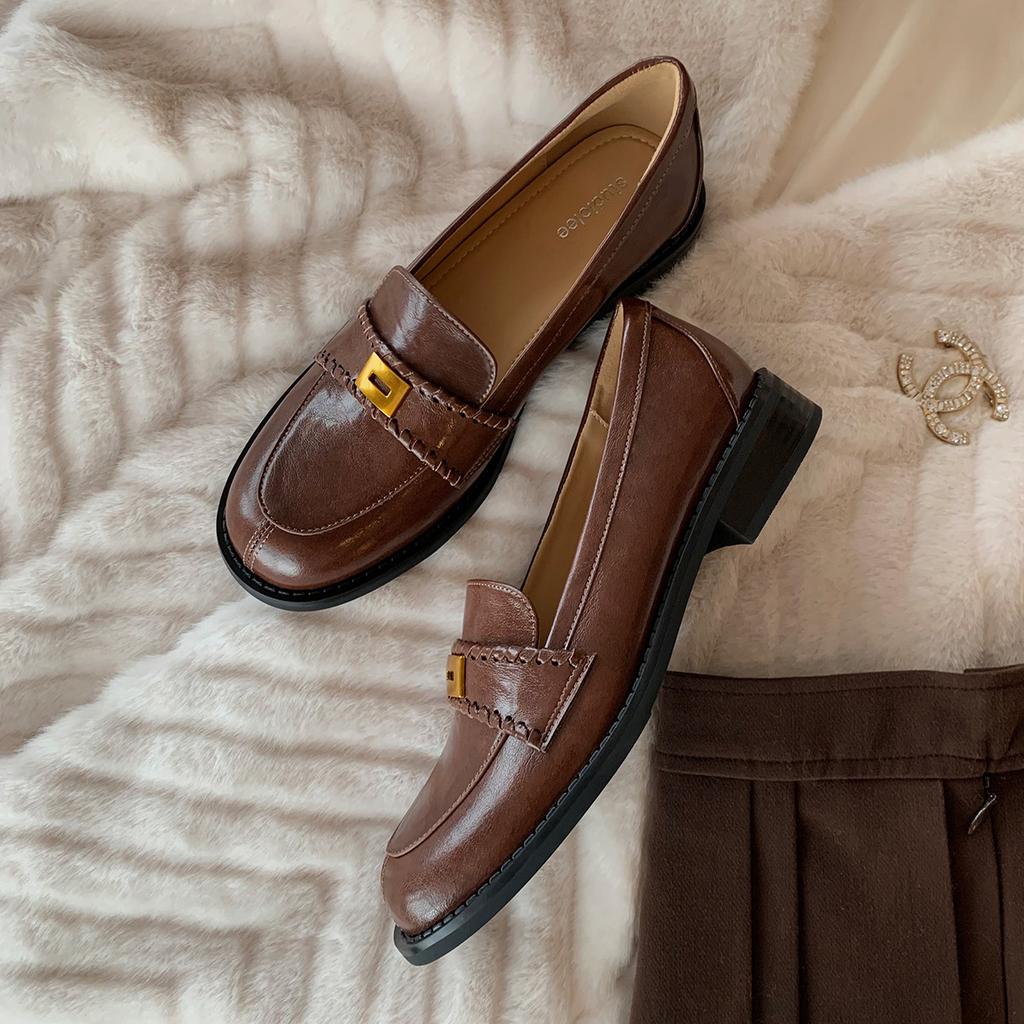 Retro small gold buckle round head lazy one pedal thick heel loafer leather shoes women