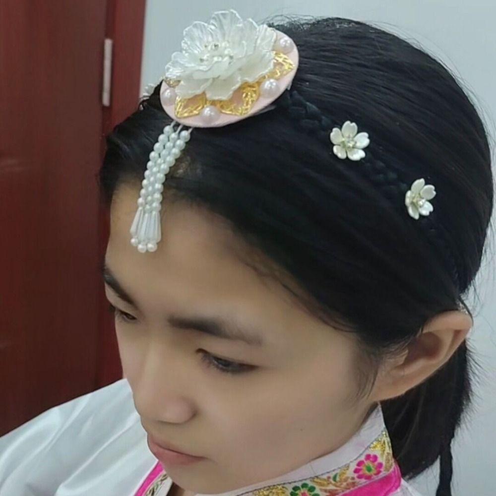 Flower Hanbok Wig Headdress Pearl Stage Dance Hair Hoop Sweet Korea Ethnic Style Hairband  Court