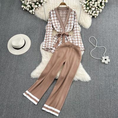 V Neck z długim rękawem ptak krata top z dzianiny garnitur + wysoka talia w paski spodnie z szerokimi nogawkami stroje jesień Y2k zestaw kobiet sweter w kratę 2 sztuki