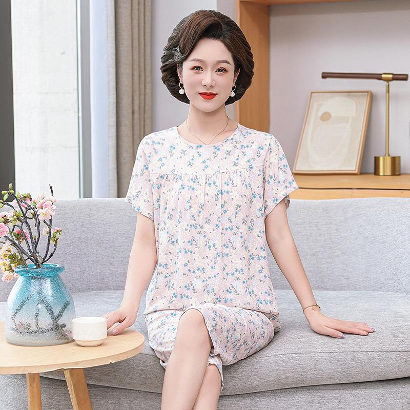 

«Женская летняя пижама из хлопка и шелка»: Комплект из двух предметов с коротким рукавом, свободного кроя, для людей среднего и пожилого возраста, больших размеров, для ношения на открытом воздухе. XXXXL (80-90 kg)