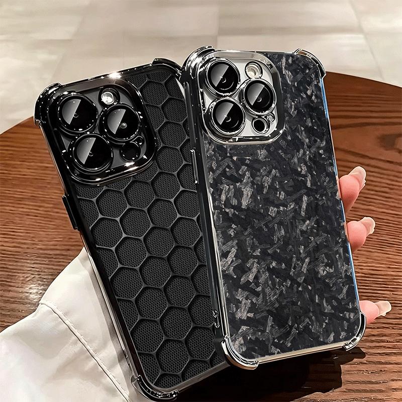Carbon Fiber Cool Pattern Plating Phone Case For Iphone 16 17 Pro Max Air 16E 14 15 Plus 12 13 Mini Anti-Fall Airabag Cover