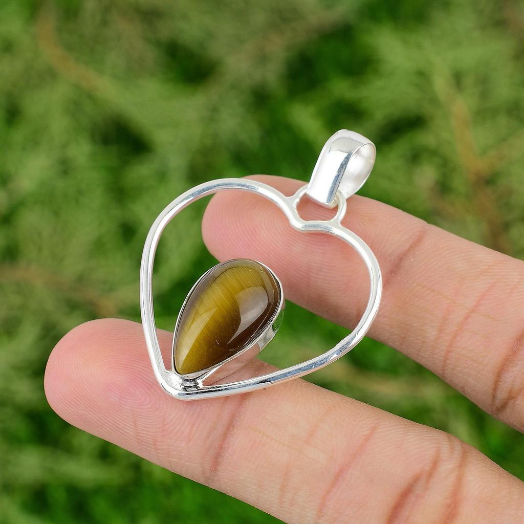 Daughters Day Sale Sterling Silver Tiger's Eye Gemstone Engagement Heart Pendant