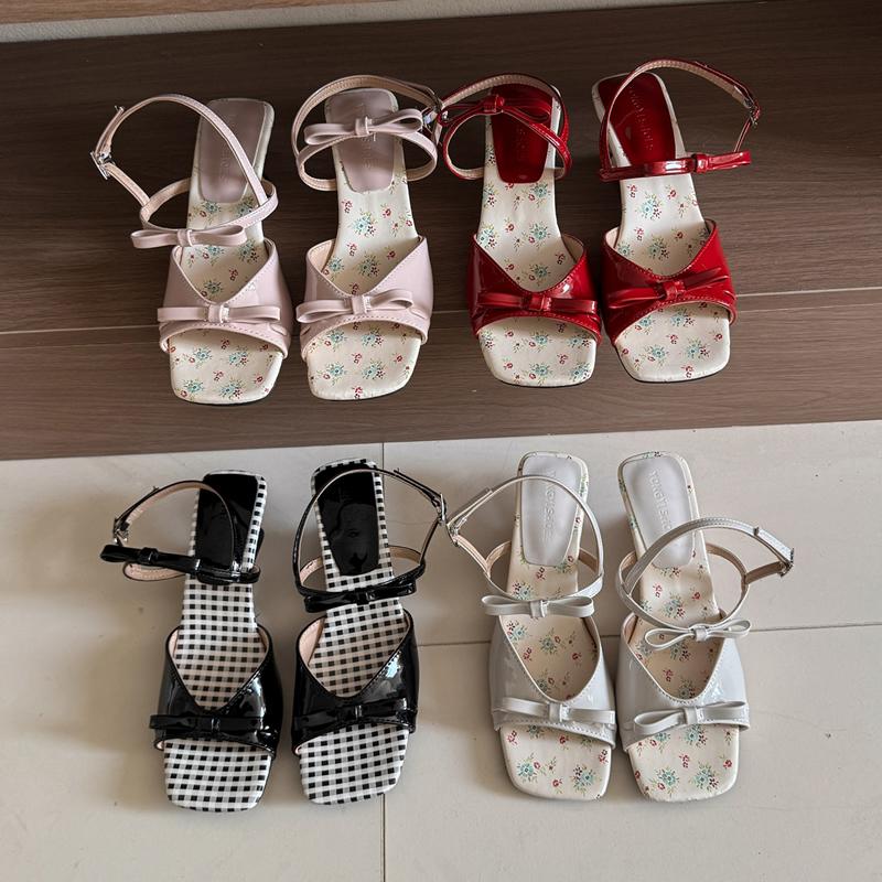 Summer Square Toe Shallow Women Slippers Bow Elegant Mid Heels Shoes Designer Pumps 2025 Trend Fad New Brand Sandalias De Mujer