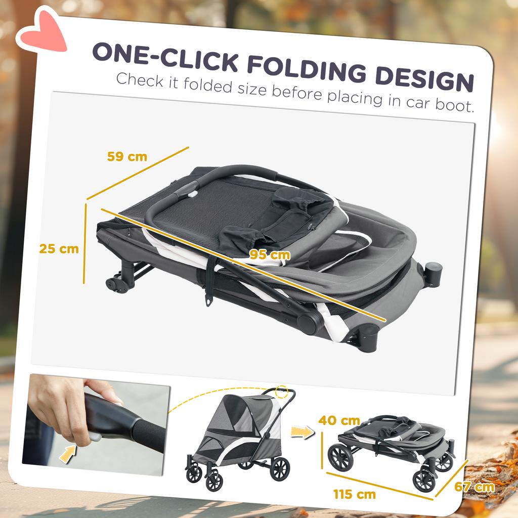Foldable Pet Stroller for Medium Dogs with 4 Big Wheels, Shock-Absorbing Frame, Safety Leashes, Brakes, Dark Grey