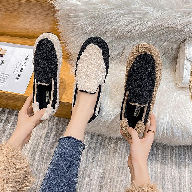 Mixed Color Lambfur Flat Shoes Woman Thicken Padded Warm Plush Winter Loafers Round Toe Anti -Slip Rubber Flats Furry Espadrilles