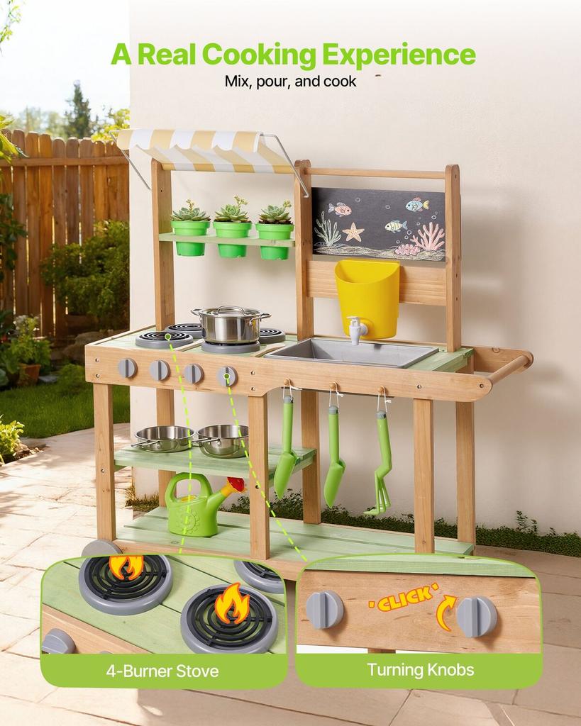 Mud Kitchen, Outdoor Mud Kitchen for Kids, Wood Outdoor Play Kitchens with Spoons, Sink, Sunshade Canopy, Swivel Wheels, Cookware Pots and