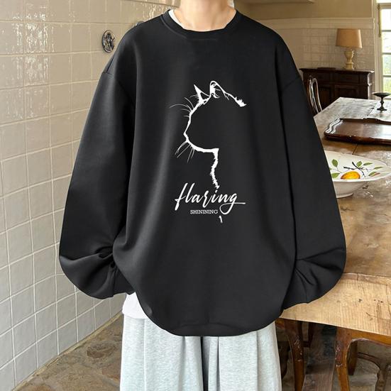Pánská oversized mikina Hip-hop styl kočka Profil Potisk O Výstřih Volný Jednobarevný Silný plyš Pulovr střední délky Denní Sport Streetwear Top