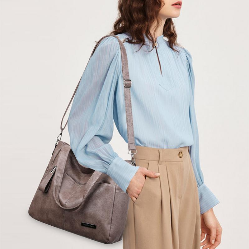 Women Vintage Soft Leather Tote Shoulder Bag Large Capacity Casual Daily Handbag with Detachable Wide Crossbody Strap Multi Pockets Commute Shopping