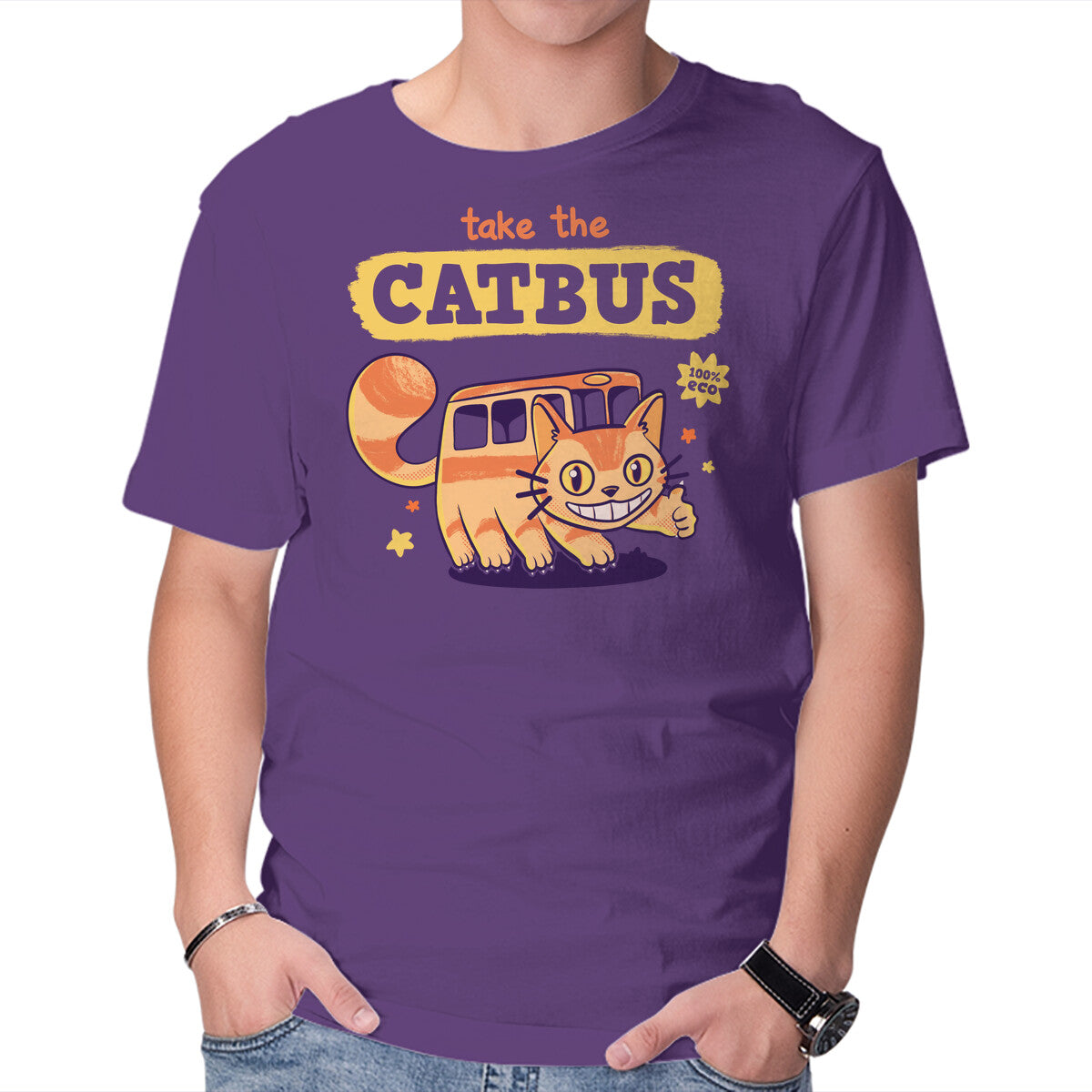 Unisex Crew Neck T-Shirt Take The Catbus Graphic Short Sleeve Casual Tee XXL