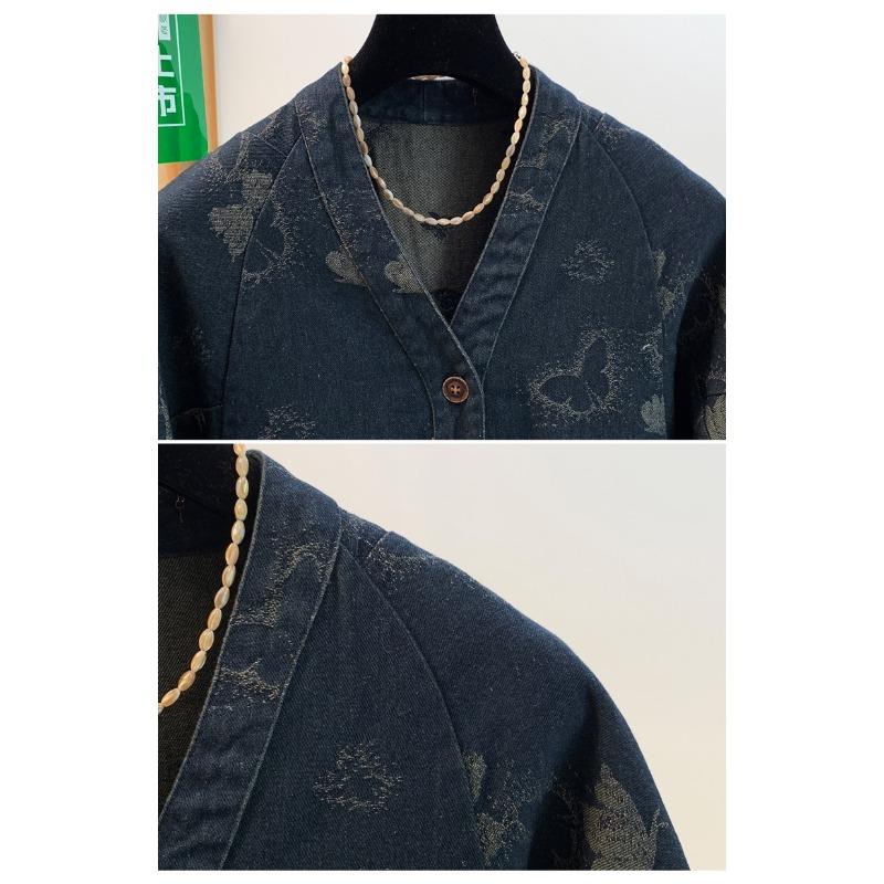 DIMANAF 2026 Autumn Winter Plus Size Women Denim Jackets Coat Casual Loose Blue Print Floral Vintage Outwear Pockets