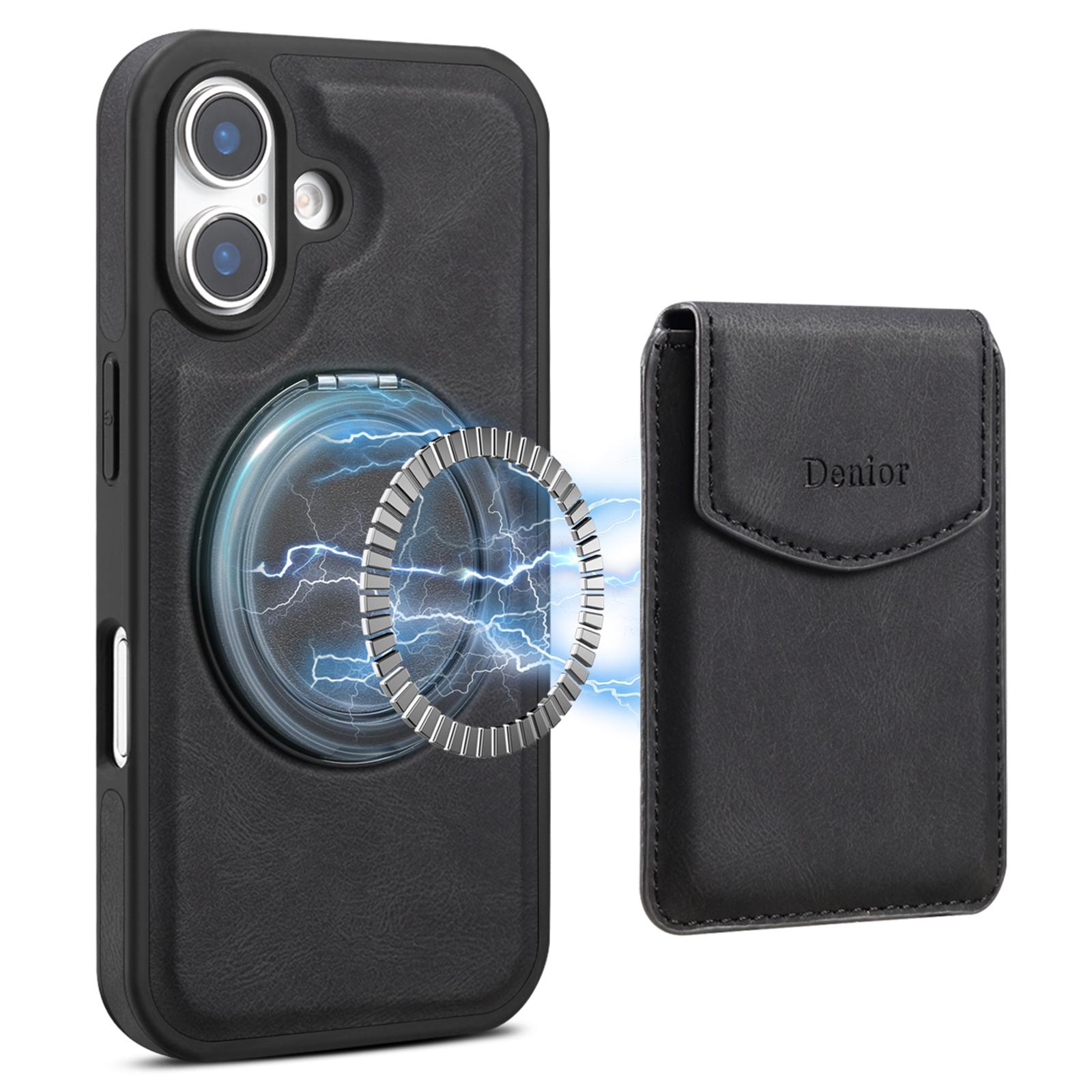 

DENIOR D20 For iPhone 16 Plus Case Detachable Card Bag Rotary Kickstand Leather+PC+TPU Cover Black