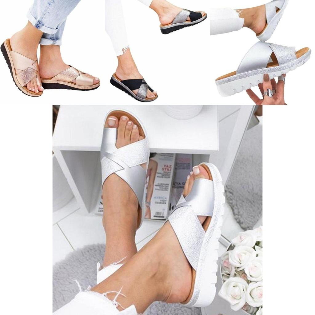 Elegant Women Shoes Sandal Comfy Platform Flat Sole Orthopedic Big Toe Foot Pu Leather