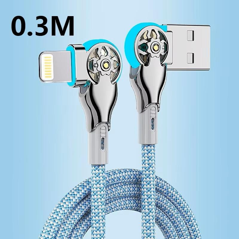 180 Rotatable USB A To Type C Fast Charging Cable 3A Data Sync Braided Cord Zinc Alloy Plug with Light for Android iOS
