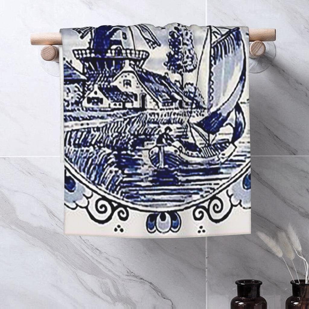 Azzurro Olandese Delft Vintage Mulino a Vento Stampa Asciugamano Viso Morbido Asciugatura Rapida Piscina Bagno Asciugamani in Cotone Assorbente Rapido