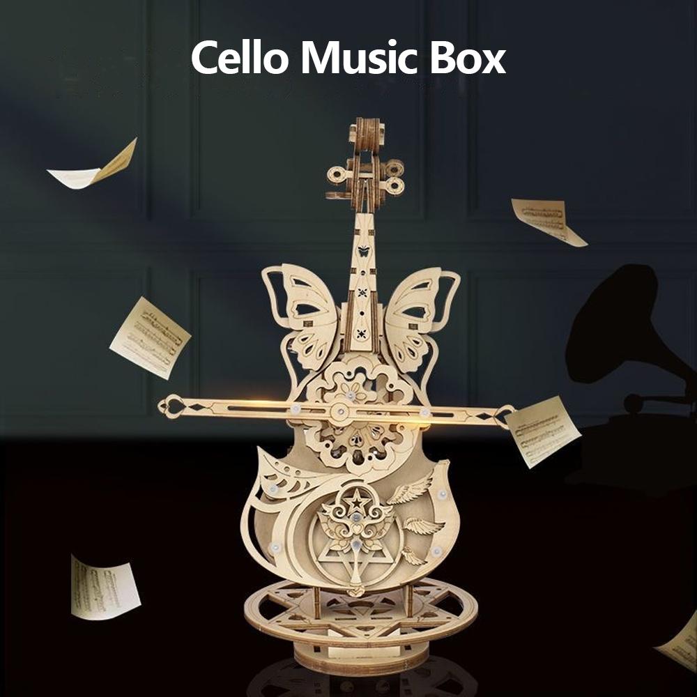 3D Puzzle Wooden Cello Model DIY Assembly Violin Music Box Building Kits Home Living Room Decor Crafts Gift for Adults Kids