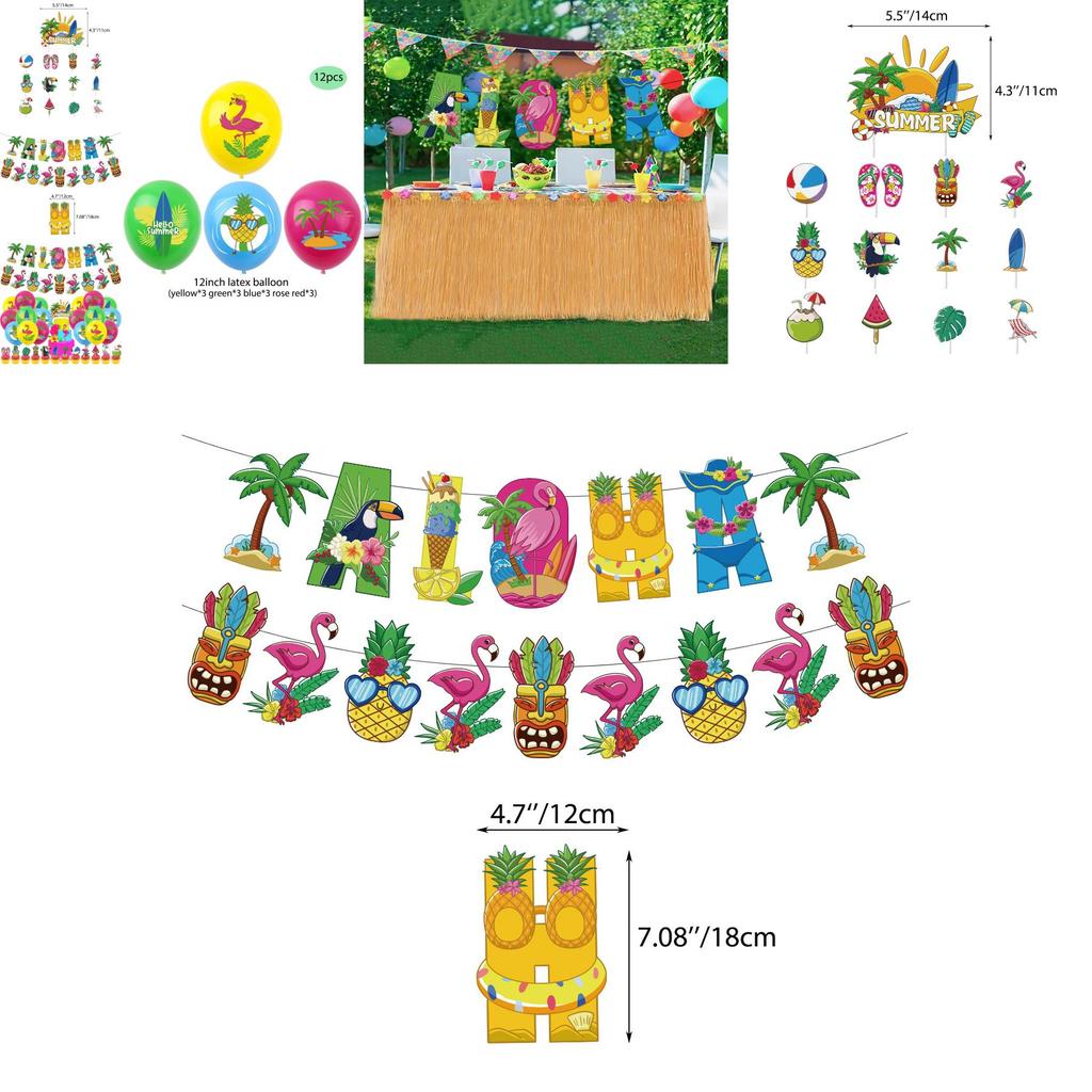 Hawaiian Theme Party Decorations Set Paper Cake Insert Balloons Bunting Flags