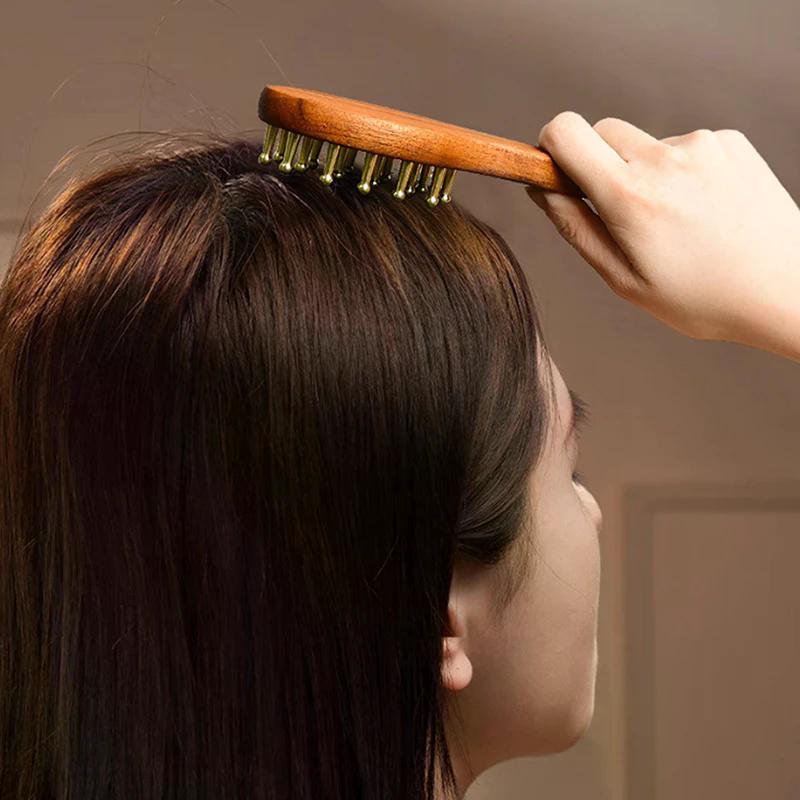 Head Massage And Gua Sha Tool Brass Long Handled Massage Comb Scalp Head Meridian Comb Thickened Wide Gold Wire Sandalwood Comb