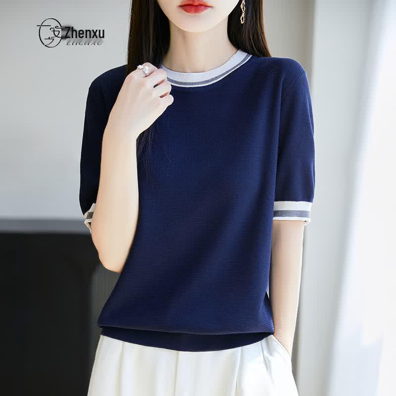 Women's Lyocell-Cotton Blend Silk Knit Color-Block Short Sleeve T-Shirt